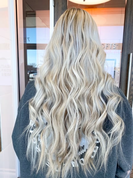 Image of  Women's Hair, Balayage, Hair Color, Blonde, Foilayage, Long, Hair Length, Highlights, Silver, Beachy Waves, Hairstyles, Curly