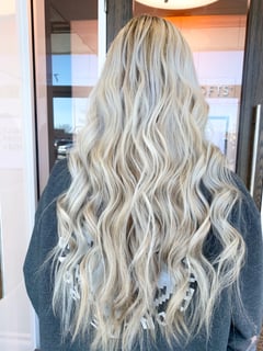 View Curls, Women's Hair, Balayage, Hair Color, Blonde, Foilayage, Long Hair (Mid Back Length), Hair Length, Highlights, Silver, Beachy Waves, Hairstyle - Autumn DeBord, Cincinnati, OH