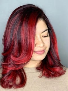 View Women's Hair, Hairstyles, Beachy Waves, Medium Length, Hair Length, Red, Fashion Color, Hair Color, Balayage - Melissa , Washington, DC