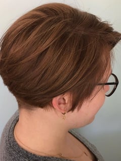 View Bob, Haircuts, Women's Hair, Bangs, Layered, Shaved, Straight, Hairstyles, Red, Hair Color, Highlights, Full Color, Pixie, Short Ear Length, Hair Length - Nelle Churchill, Penngrove, CA