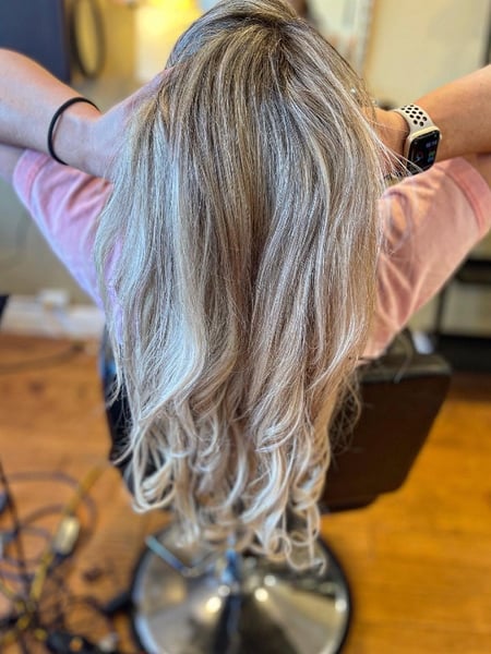 Image of  Layered, Haircuts, Women's Hair, Blowout, Beachy Waves, Hairstyles, Curly, Hair Extensions, Foilayage, Hair Color, Blonde, Long, Hair Length