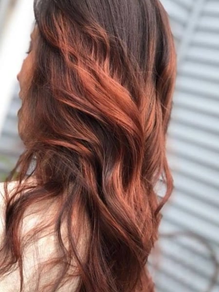 Image of  Haircuts, Women's Hair, Blowout, Hairstyles, Beachy Waves, Curly, Straight, Hair Color, Red, Highlights, Full Color