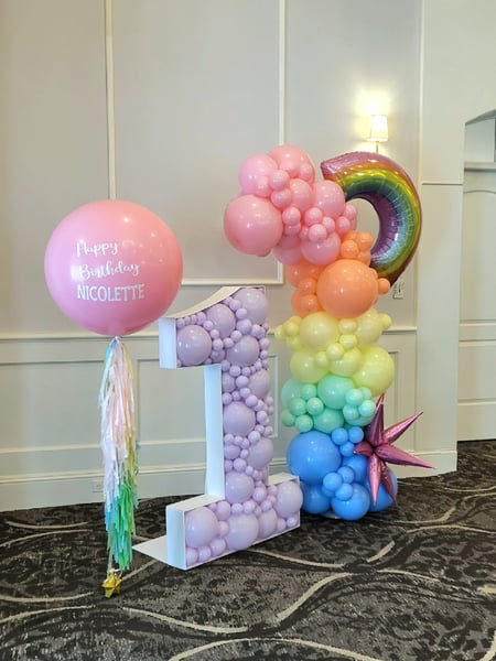 Image of  Balloon Decor, Arrangement Type, Helium Bouquet, Balloon Composition, Event Type, Birthday, Colors, Yellow, Green, Purple, Pink, Pastel, Balloon Column, Orange