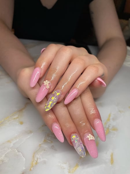 Image of  Manicure, Nails, Medium, Nail Length, Long, Nail Art, Nail Style, Nail Jewels, Mix-and-Match, Stickers, 3D, Hand Painted, Color Block, White, Nail Color, Beige, Pink, Glitter, Nail Finish, Acrylic, Gel, Round, Nail Shape, Almond