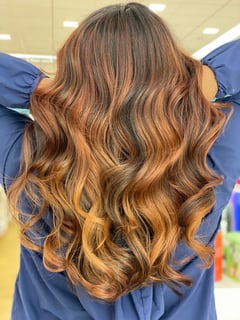 View Brunette, Hair Color, Women's Hair, Foilayage, Highlights, Red, Balayage, Blonde - Thelma Rose, Vallejo, CA