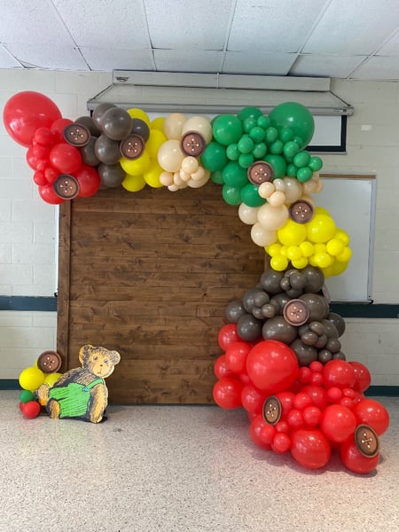 Image of  Balloon Decor, Arrangement Type, Balloon Wall, Balloon Composition, Balloon Garland, Balloon Arch, Event Type, Birthday, Baby Shower, Colors, Yellow, Green, Red, Brown, Accents, Characters, Balloon Column, Beige