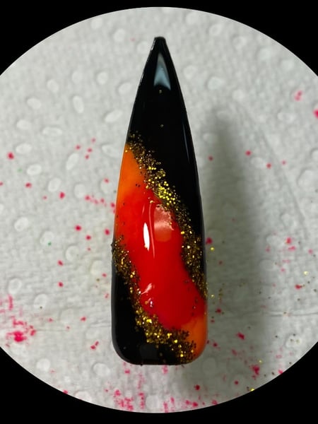 Image of  Nails, Manicure, Gel, Nail Finish, Long, Nail Length, Black, Nail Color, Glitter, Orange, Pink, Neon, Accent Nail, Nail Style, Hand Painted, Ombré, Nail Art, Stiletto, Nail Shape