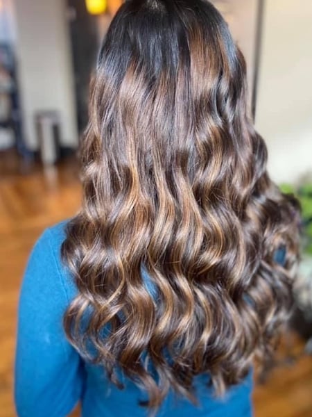 Image of  Women's Hair, Hair Color, Balayage, Black, Brunette, Highlights, Medium Length, Hair Length, Layered, Haircuts, Beachy Waves, Hairstyles, Curly