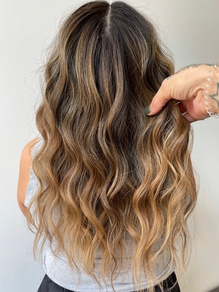 Image of  Women's Hair, Blowout, Hair Color, Balayage, Brunette, Blonde, Foilayage, Highlights, Hair Length, Long, Haircuts, Hairstyles, Beachy Waves