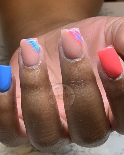 Image of  Nails, Manicure, Nail Color, Blue, Pastel, Pink, Acrylic, Nail Finish, Medium, Nail Length, Square, Nail Shape, Mix-and-Match, Nail Style, Hand Painted