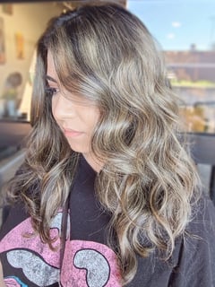 View Hair Color, Women's Hair, Brunette Hair, Foilayage, Highlights, Silver, Hair Length, Long Hair (Mid Back Length), Long Hair (Upper Back Length), Beachy Waves, Hairstyle, Curls - Justyna Taunt, Wheaton, IL