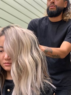 View Balayage, Hair Extensions, Hairstyle, Beachy Waves, Haircut, Layers, Hair Length, Long Hair (Upper Back Length), Women's Hair, Silver, Blonde, Hair Color - CocoAlexander - Johnny Bueno, Los Angeles, CA