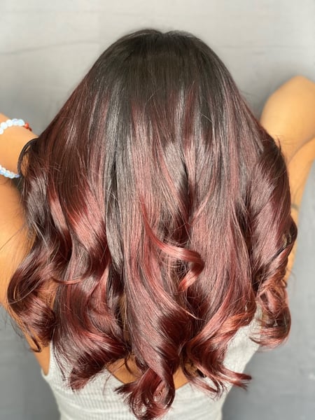 Image of  Layered, Haircuts, Women's Hair, Blowout, Hairstyles, Curly, Beachy Waves, Red, Hair Color, Brunette, Foilayage, Highlights, Full Color, Color Correction, Fashion Color, Balayage