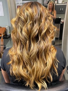 View Foilayage, Women's Hair, Highlights, Hair Color, Long Hair (Mid Back Length), Hair Length, Layers, Haircut, Curls, Hairstyle - Amanda Brooks, Colorado Springs, CO
