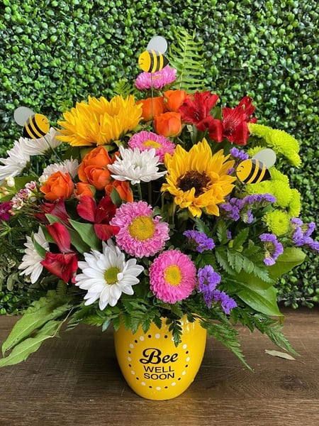 Image of  Florist, Arrangement Type, Centerpiece, Occasion, Get Well, Size & Display, Large, Fan-Shaped, Color, White, Yellow, Orange, Red, Purple, Green, Pink, Flower Type, Carnation, Rose, Sunflower, Tiger Lily