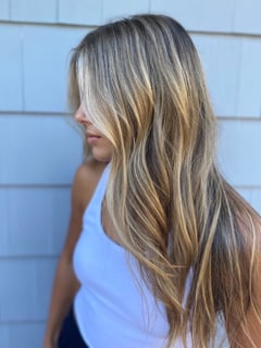 View Brunette Hair, Hair Color, Balayage, Hairstyle, Beachy Waves, Hair Length, Long Hair (Mid Back Length), Highlights, Foilayage, Women's Hair, Blonde - Christine Ford, Melrose, MA