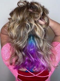 View Curly, Fashion Hair Color, Hair Color, Hairstyle, Color Correction, Curls, Layers, Highlights, Hair Length, Shoulder Length Hair, Blunt (Women's Haircut), Women's Hair, Haircut - Mariah Hollett, Canal Winchester, OH
