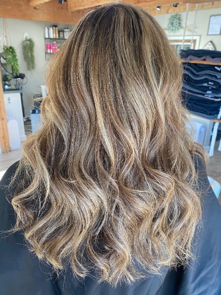 Image of  Layered, Haircuts, Women's Hair, Curly, Bangs, Blowout, Hairstyles, Beachy Waves, Curly, Highlights, Hair Color, Full Color, Brunette, Foilayage, Balayage, Long, Hair Length