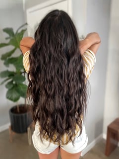 View Hair Length, Women's Hair, Brunette Hair, Hair Color, Long Hair (Mid Back Length), Beachy Waves, Hairstyle, Hair Extensions - DNyse Chisholm, Napa, CA
