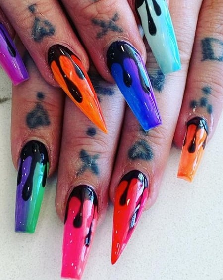 Image of  Nails, Black, Nail Color, Blue, Green, Orange, Purple, Red, Acrylic, Nail Finish, Long, Nail Length, Coffin, Nail Shape, Mix-and-Match, Nail Style, Nail Art