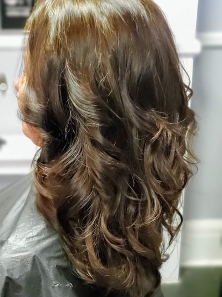 Image of  Layered, Haircuts, Women's Hair, Blunt, Curly, Blowout, Curly, Hairstyles, Highlights, Hair Color, Balayage, Brunette