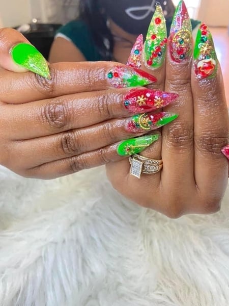 Image of  Nails, Acrylic, Nail Finish, Dip Powder, Medium, Nail Length, Gold, Nail Color, Red, Green, Light Green, Glitter, Clear, Nail Jewels, Nail Style, Ombré, 3D, Mix-and-Match, Stiletto, Nail Shape