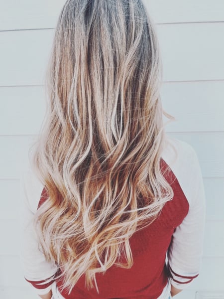 Image of  Women's Hair, Balayage, Hair Color, Blonde, Highlights, Foilayage, Long Hair (Mid Back Length), Hair Length, Layers, Haircut, Beachy Waves, Hairstyle