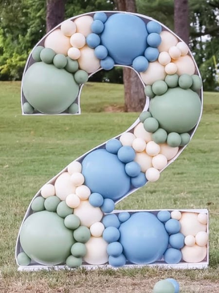 Image of  Balloon Decor, Arrangement Type, Balloon Composition, Event Type, Birthday, Colors, White, Blue, Green, Accents, Banner