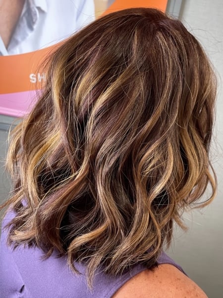 Image of  Women's Hair, Hair Color, Balayage, Blonde, Brunette, Fashion Color, Foilayage, Full Color, Highlights, Red, Hair Length, Shoulder Length, Haircuts, Bob, Curly, Layered, Beachy Waves, Hairstyles, Curly