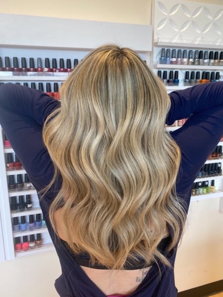 Image of  Women's Hair, Hair Color, Balayage, Blonde, Foilayage, Highlights, Hair Length, Long Hair (Upper Back Length), Long Hair (Mid Back Length), Haircut, Hairstyle, Beachy Waves, Curls