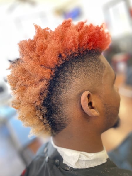 Image of  Men's Hair, Medium Fade, Haircut, Long Hair, Mohawk, Hairstyles, Braids (African American), Red, Hair Color, Fashion Color , Blowout