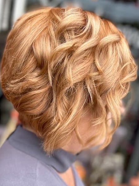 Image of  Bob, Haircuts, Women's Hair, Layered, Curly, Beachy Waves, Hairstyles, Red, Hair Color, Foilayage, Highlights, Color Correction, Fashion Color, Blonde, Short Ear Length, Hair Length, Short Chin Length