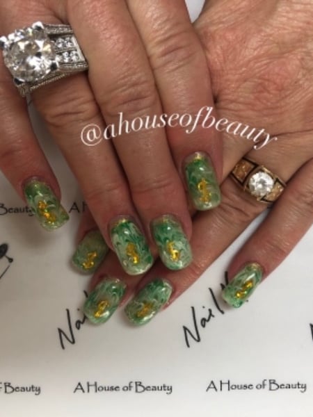 Image of  Nails, Gel, Nail Finish, Medium, Nail Length, Green, Nail Color, Light Green, Gold, Hand Painted, Nail Style, Nail Jewels, Nail Art, Square, Nail Shape