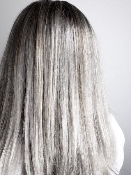 Image of  Women's Hair, Blowout, Hair Color, Color Correction, Silver, Hair Length, Long, Haircuts, Layered, Hairstyles, Straight