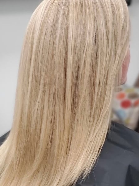 Image of  Women's Hair, Blonde, Hair Color, Medium Length, Hair Length, Blunt, Haircuts, Straight, Hairstyles, Permanent Hair Straightening