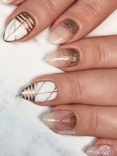 View Nails, Mix-and-Match, Nail Style, Accent Nail, Nail Shape, Almond, Nail Finish, Gel, White, Gold, Nail Color, Glitter - Josie , Los Angeles, CA