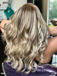 View Long, Hair Length, Highlights, Foilayage, Hair Color, Blonde, Beachy Waves, Women's Hair, Curly, Layered, Hairstyles, Curly, Haircuts - Liza , Jacksonville, FL