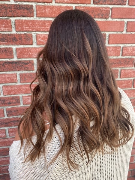 Image of  Women's Hair, Blowout, Hair Color, Foilayage, Full Color, Brunette, Highlights, Medium Length, Hair Length, Layered, Haircuts, Beachy Waves, Hairstyles