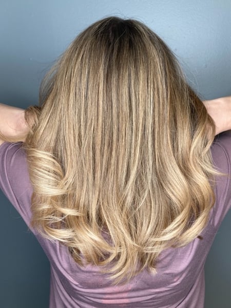 Image of  Women's Hair, Blowout, Hair Color, Blonde, Highlights, Medium Length, Hair Length, Layered, Haircuts, Beachy Waves, Hairstyles