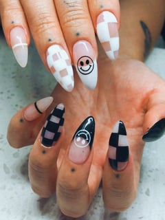 View Nails, Acrylic, Nail Finish, Gel, Medium, Nail Length, Black, Nail Color, White, Clear, Color Block, Nail Style, Hand Painted, Nail Art, Stickers, Treatment, Paraffin Treatment - April Revollo, Rockville, MD