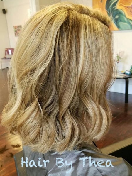 Image of  Women's Hair, Blonde, Hair Color, Highlights, Shoulder Length, Hair Length, Haircuts, Curly, Hairstyles