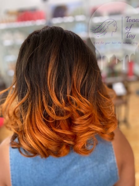 Image of  Women's Hair, Balayage, Hair Color, Fashion Color, Ombré, Red, Hair Length, Shoulder Length, Blowout, Layered, Haircuts, Beachy Waves, Hairstyles