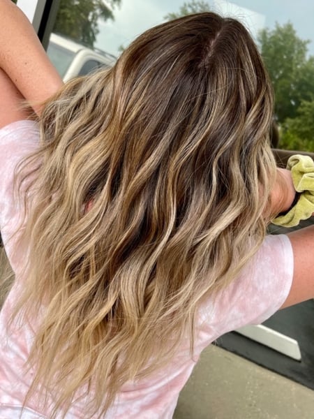 Image of  Women's Hair, Blowout, Hair Color, Balayage, Brunette Hair, Foilayage, Full Color, Highlights, Hair Length, Long Hair (Mid Back Length), Haircut, Blunt (Women's Haircut), Layers, Hairstyle, Beachy Waves, Curls