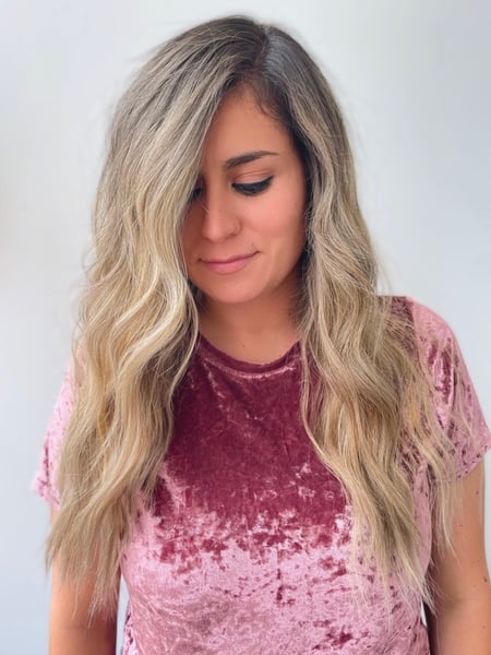 Image of  Women's Hair, Blowout, Hair Color, Brunette, Blonde, Foilayage, Highlights, Hair Length, Long, Hairstyles, Beachy Waves