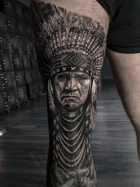 Image of  Tattoos, Tattoo Style, Tattoo Bodypart, 3D, Black & Grey, Portrait, Realism, Calf 