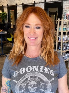 View Women's Hair, Hairstyles, Beachy Waves, Haircuts, Layered, Hair Length, Shoulder Length, Red, Fashion Color, Hair Color, Balayage - Ariel Cromie-Spalla, Scottsdale, AZ