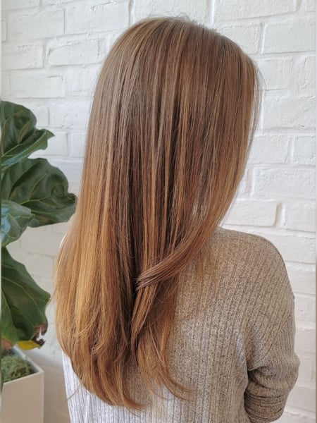 Image of  Women's Hair, Blowout, Hair Color, Balayage, Blonde, Brunette Hair, Foilayage, Highlights, Ombré, Red, Hair Length, Long Hair (Mid Back Length), Haircut, Layers, Hairstyle, Straight