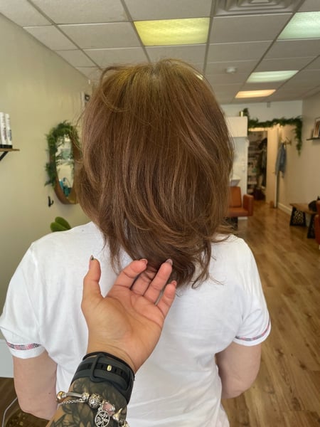 Image of  Shoulder Length, Hair Length, Women's Hair, Bangs, Haircuts, Layered, Curly, Hair Color, Red, Brunette, Highlights, Color Correction, Blowout, Hairstyles, Curly, Straight, Protective, Natural, 3B, Hair Texture, Silk Press, Permanent Hair Straightening, Hair Restoration