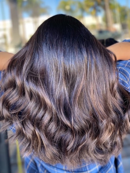 Image of  Women's Hair, Balayage, Hair Color, Brunette, Highlights, Full Color, Medium Length, Hair Length, Long, Blunt, Haircuts, Shaved, Layered, Beachy Waves, Hairstyles, Curly, Permanent Hair Straightening