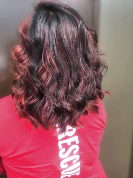 Image of  Women's Hair, Blowout, Hair Color, Balayage, Black, Red, Foilayage, Hair Length, Medium Length, Haircuts, Layered, Hairstyles, Beachy Waves, Curly